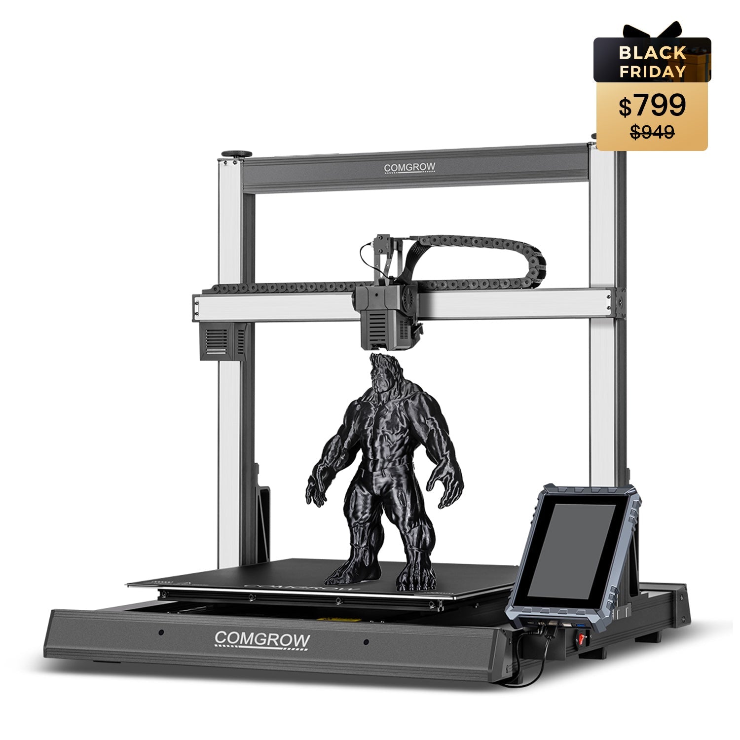 Comgrow T500 large format 3D printer Black Friday promotion showing black printed model on build plate.