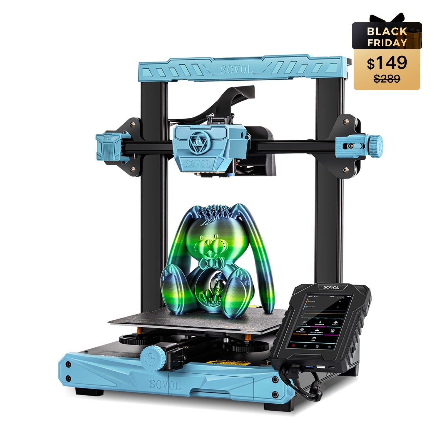 Sovol SV07 3D printer Black Friday discount showing high-speed printer with enclosed design.