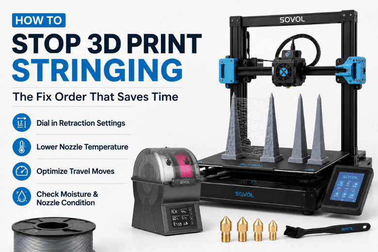 Sovol 3D printer showing stringing on test prints beside a filament dryer, illustrating how to stop 3D print stringing.