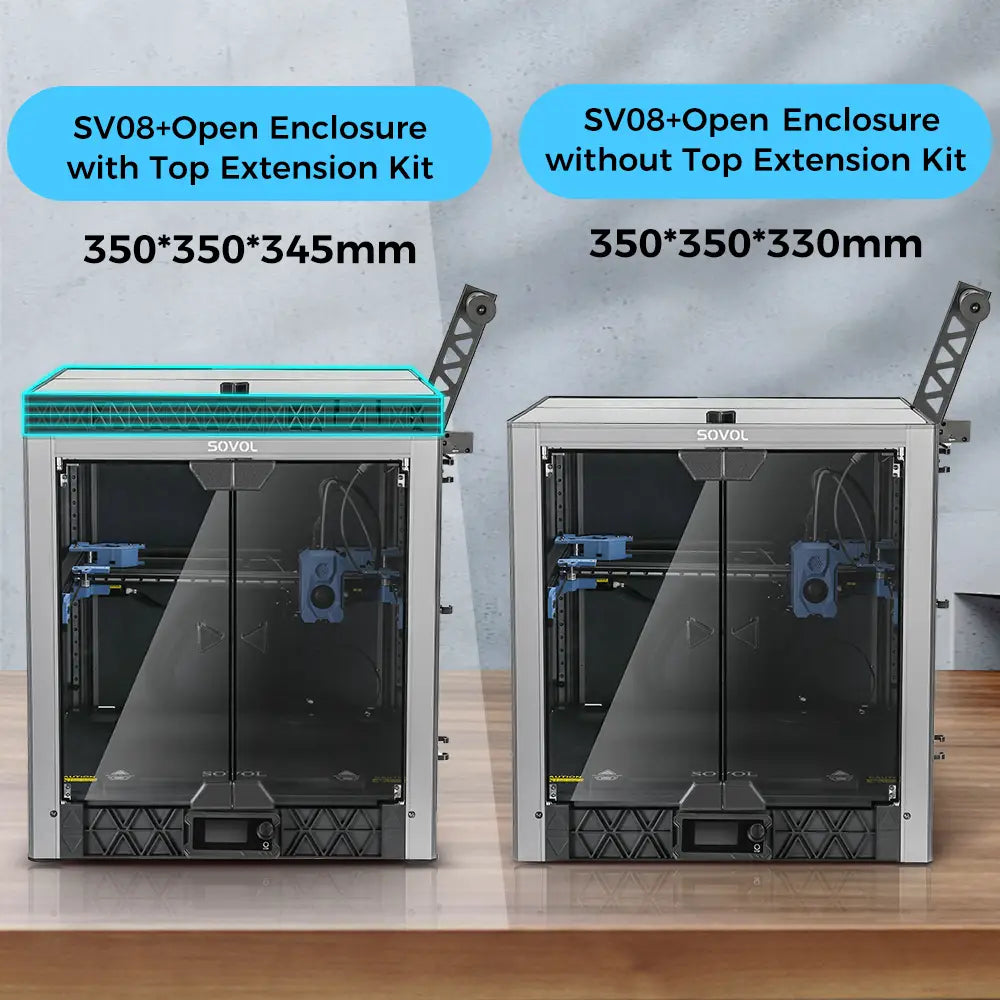 Two 3D printers with open enclosures, one with a top extension kit and one without