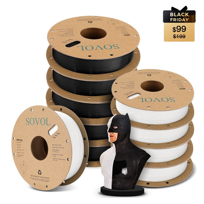 Sovol PETG 10kg 3D printer filament bundle Black Friday deal with black and white spools.
