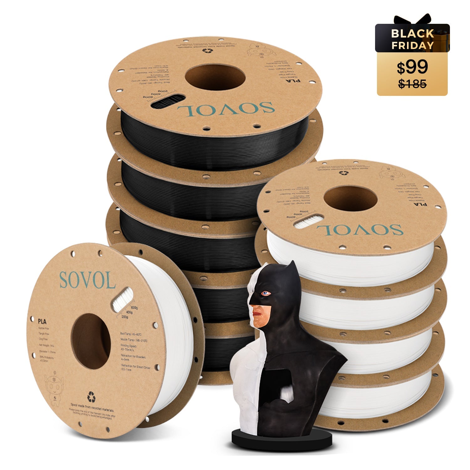 Sovol PLA 10kg 3D printer filament bundle Black Friday offer featuring white and black spools.